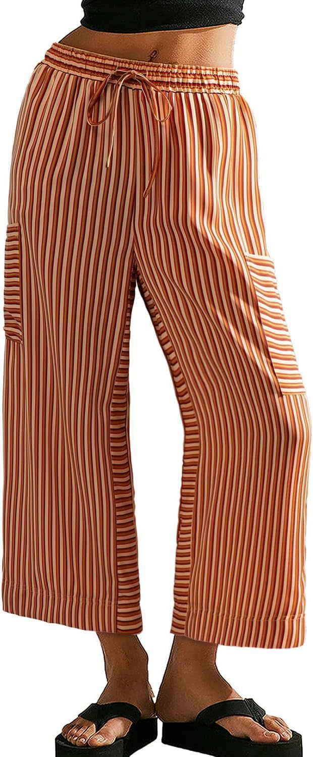 Button-Detail Striped Summer Casual Straight Pants