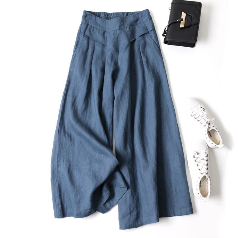 Casual High-Waist Pleated Linen Wide-Leg Pants