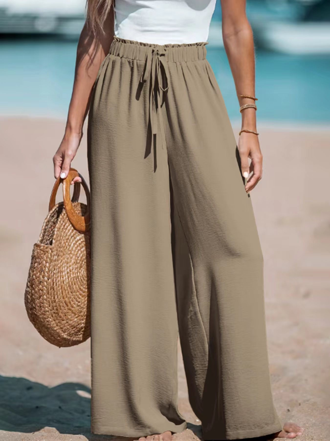 Casual High-Waist Drawstring Wide-Leg Beach Pants