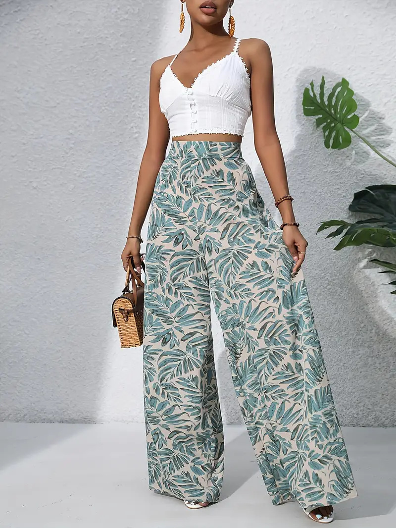 Tropical Leaf Print Wide Leg Pants
