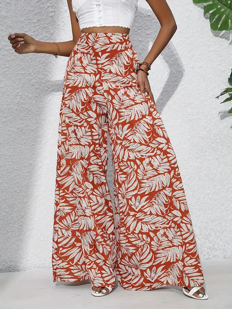 Tropical Leaf Print Wide Leg Pants