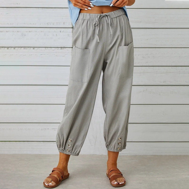 Comfortable Button Hem Cropped Pants
