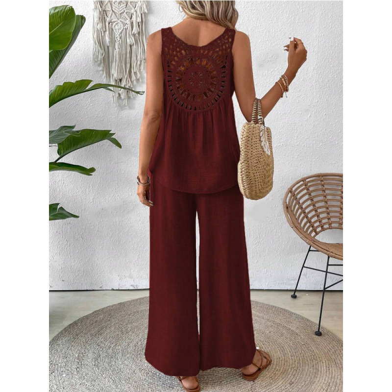 Elegant Crochet Back Wide Leg Set