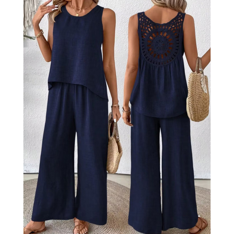 Elegant Crochet Back Wide Leg Set