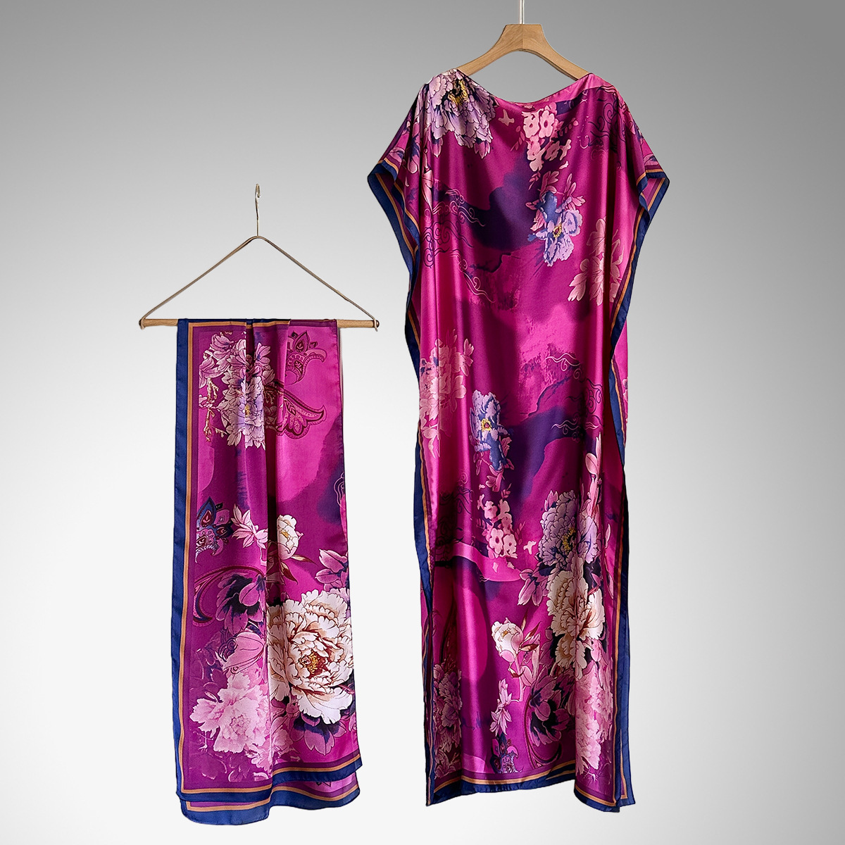 Elegant Floral Print Silk Kaftan Dress