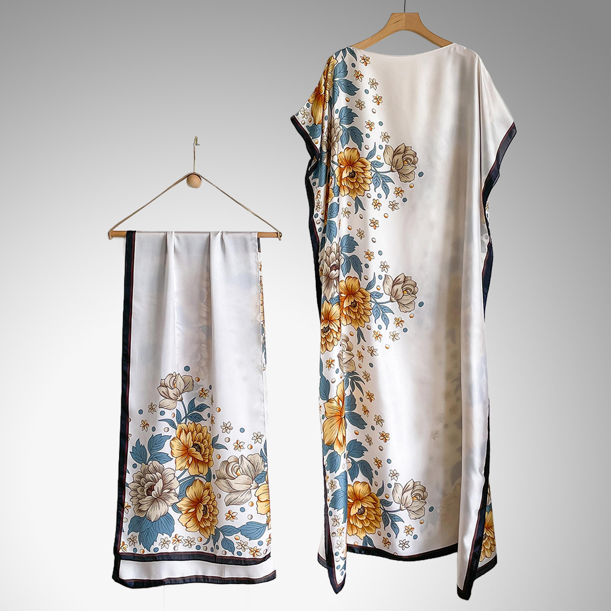 Elegant Floral Print Silk Kaftan Dress