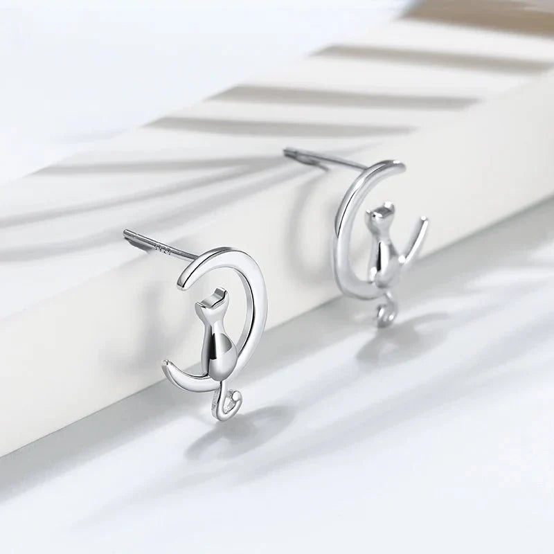 Moon & Cat Stud Cat Earrings