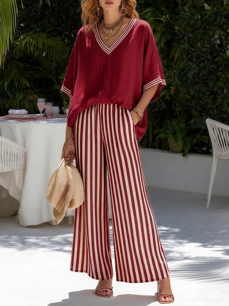 Elena | Elegant Striped Wide-Leg Two-Piece Set