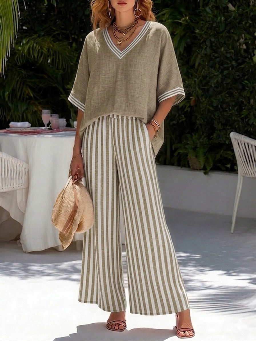 Elena | Elegant Striped Wide-Leg Two-Piece Set
