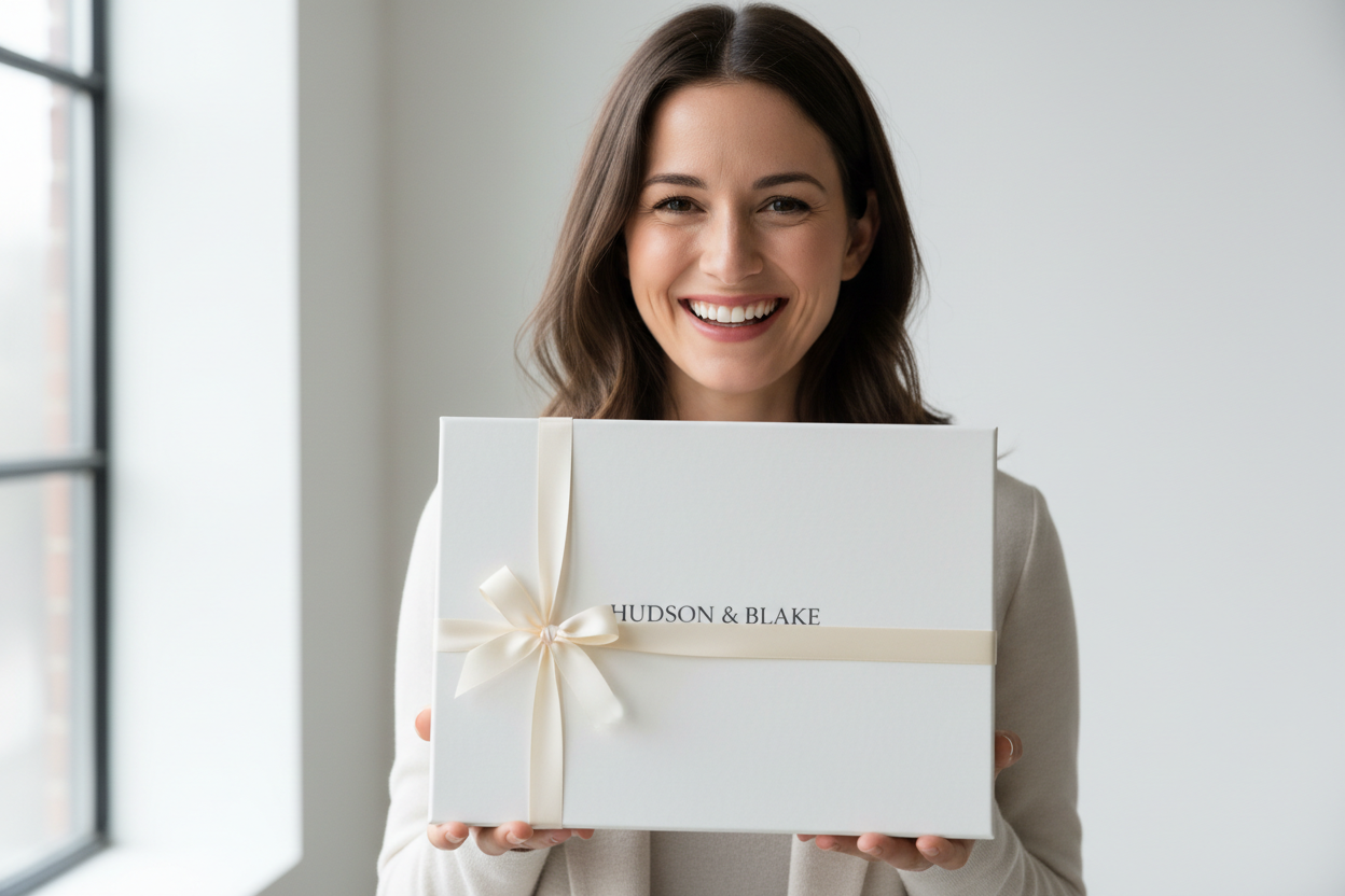 Pessoa feliz com caixa Hudson & Blake