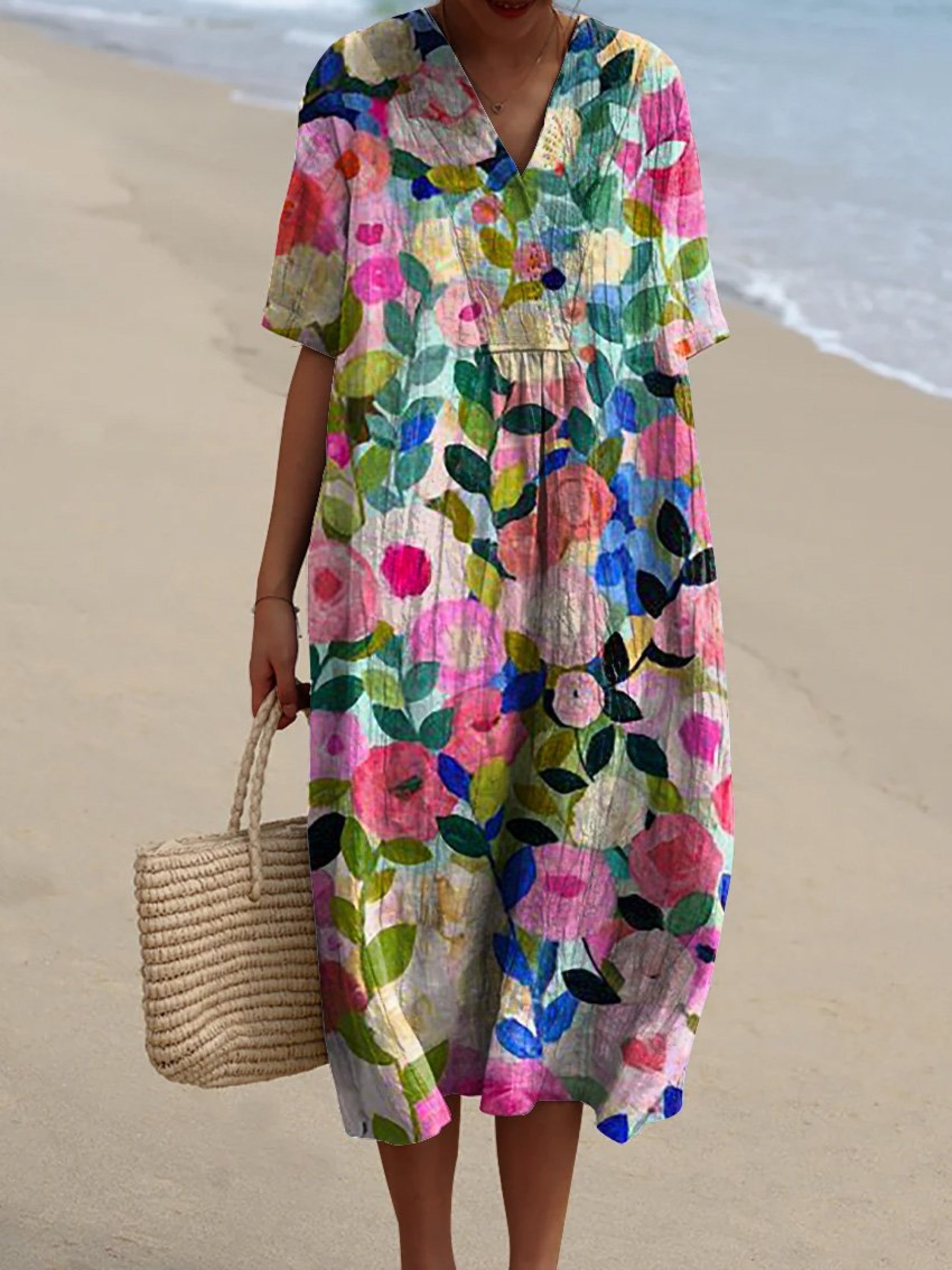 Striped Embroidered V-Neck Kaftan Dress