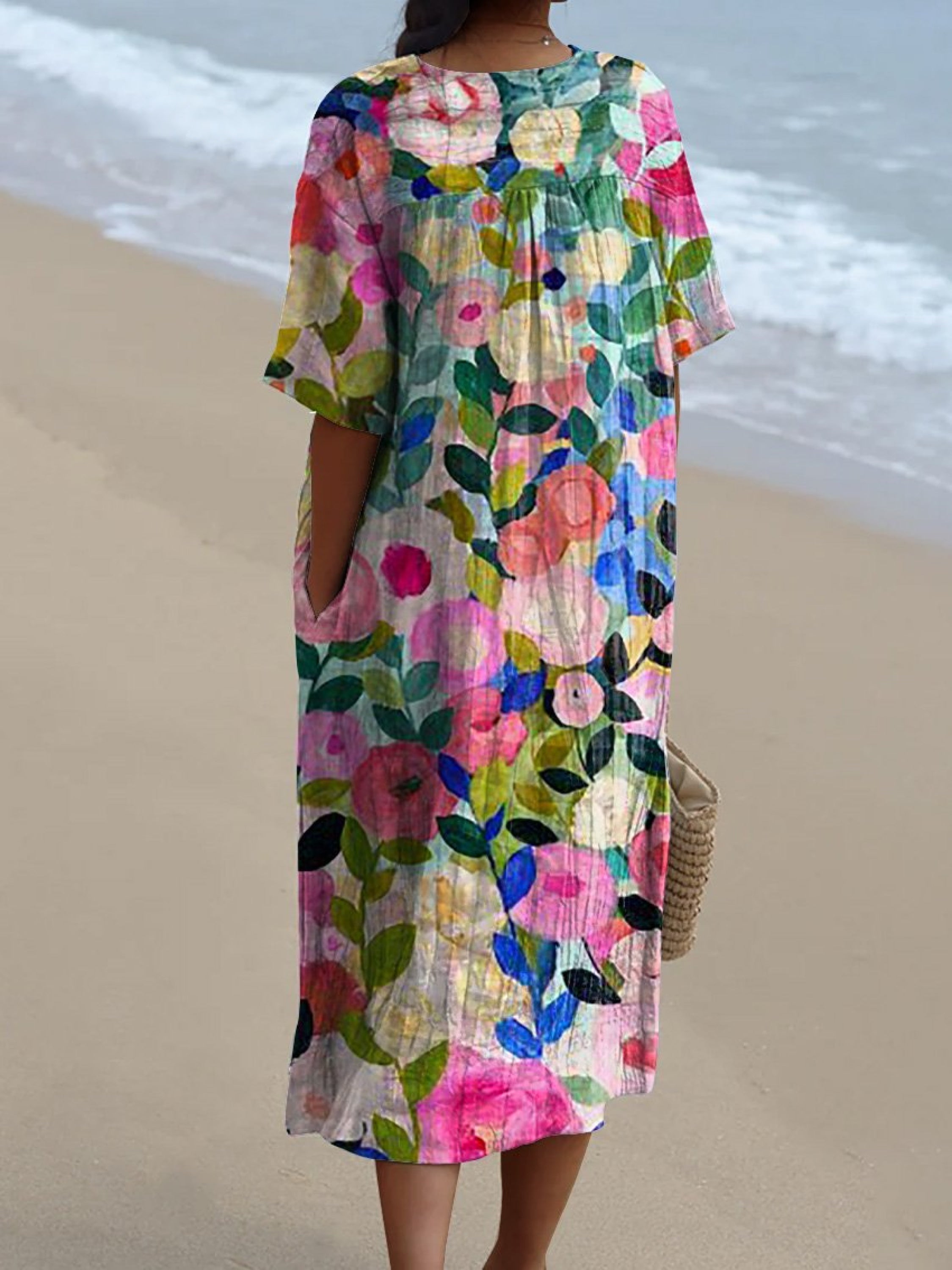 Striped Embroidered V-Neck Kaftan Dress